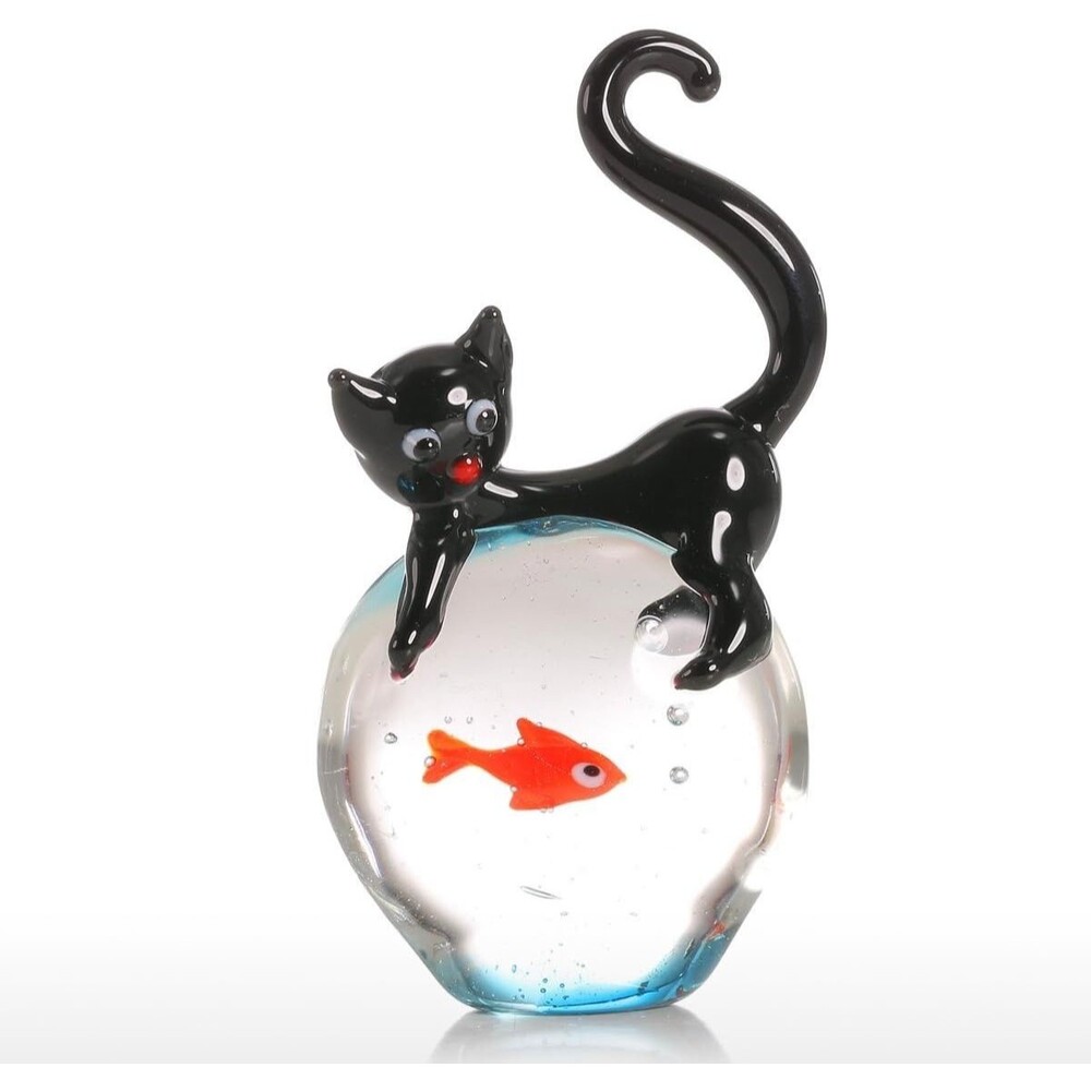 Cat and Goldfish Sculpture Glass Ornament Cat Figurine Hand Blown 2.8" Tall